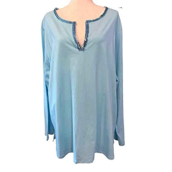 Route 66 women’s plus size top blue tunic notched collar Sequin trim size 3x - Picture 1 of 5